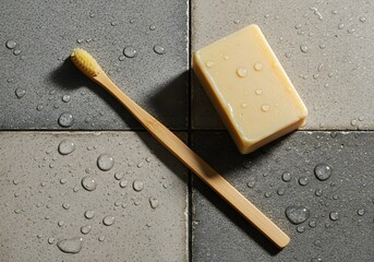 Eco-Friendly Essentials: A bamboo toothbrush and a bar of natural soap, adorned with water droplets, on a textured tile background, portraying a minimalist lifestyle and eco-consciousness.