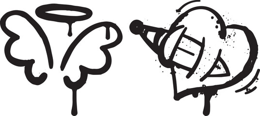 Line sketch star, arrow, heart, Grunge graffiti spray and dirty decoration design elements for banner, flyer, cards, poster, collages and ads.
