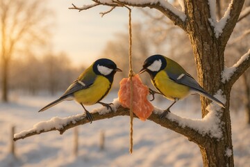 Birds peck at raw meat hanging from a tree during winter