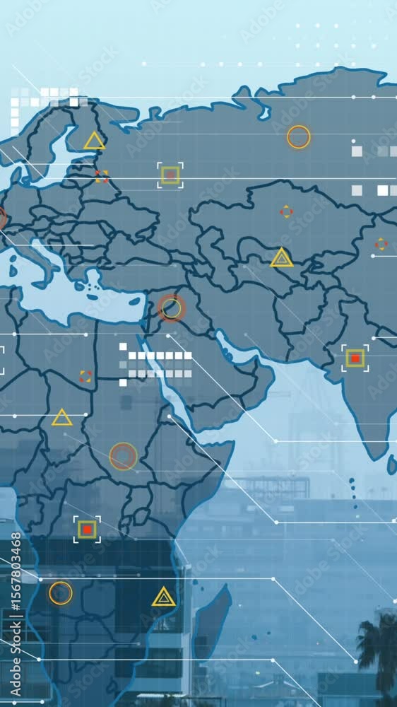 Poster Animation of world map and financial data processing over cityscape