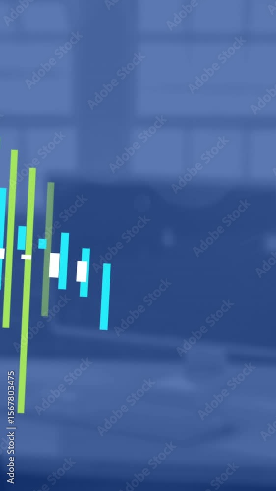 Poster data processing on blue and green graph over computer on office desk