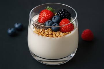 A nutritious morning drink featuring yogurt topped with granola, chia seeds, and ripe berries, presented in a glass.
