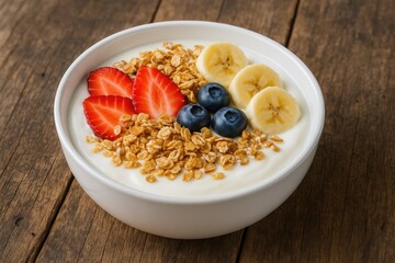 Creamy yogurt topped with crunchy cereal in a bowl on rustic wooden surface