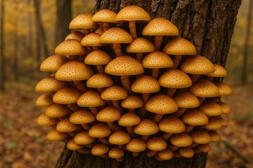 Cluster of yellow-brown mushrooms (Pholiota cerifera) thriving on decaying wood surfaces