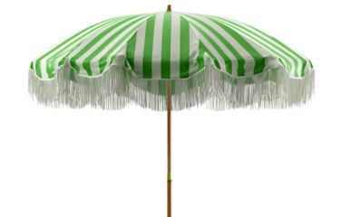 Green and white striped outdoor umbrella with fringe, isolated on a transparent background