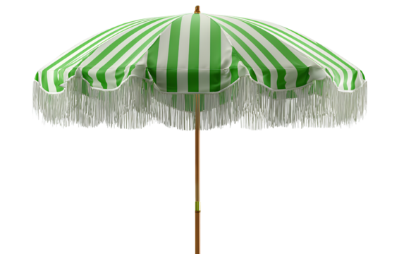 Green and white striped outdoor umbrella with fringe, isolated on a transparent background