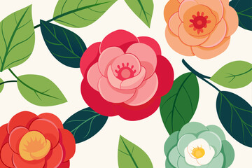 Spring vector background with various colors of camellia flowers and green leaves in white background