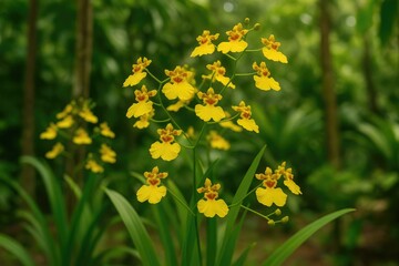 Obraz premium Tropical garden showcases vibrant yellow oncidium orchids in full bloom