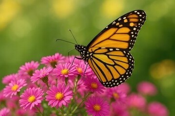Fototapeta premium Bright yellow butterfly resting on vibrant pink blossoms