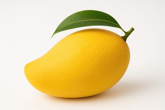 Bright yellow mango displayed on a plain white surface