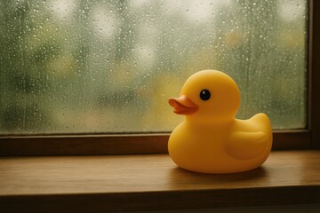 Rainy day scene with a yellow duck sitting on a table by the window