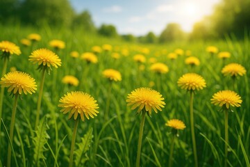 Obraz premium Golden dandelions blooming across a grassy field