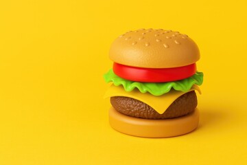 Toy plastic burger and salad with tomato on a yellow background in vertical layout, illustrating the concept of artificial and unhealthy food, non-organic and harmful, with space for text.
