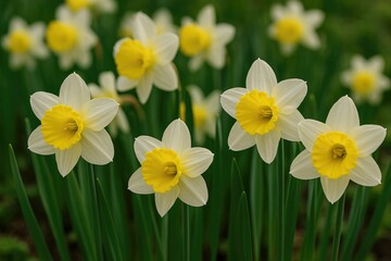 Bright yellow and white trumpet-shaped daffodil