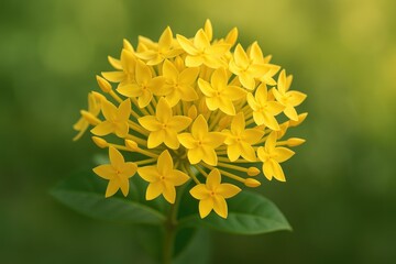 A detailed daytime close-up of vibrant yellow Ashoka blossoms in full bloom