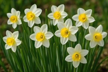 Springtime bloom of yellow and white jonquilla and Apodanthus daffodils in a garden setting during May