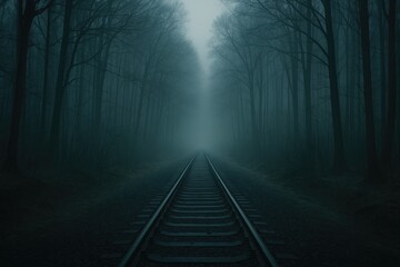 Fototapeta premium Journey through a haunting foggy woodland on a chilly winter's afternoon with an eerie and enchanting setting.