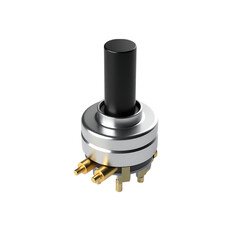 Detailed 3d render of a rotary switch with metal casing and gold contacts isolated on transparent background
