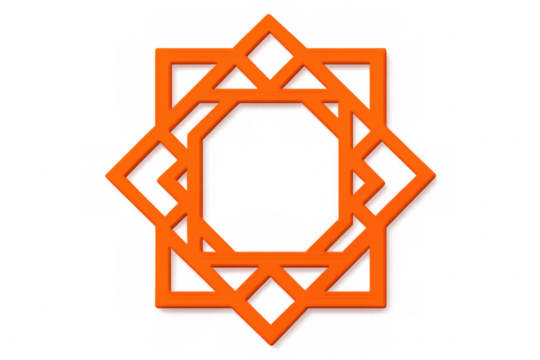Intricate orange islamic geometric pattern creating eight-pointed star, symbolizing traditional arabesque design against transparent backdrop