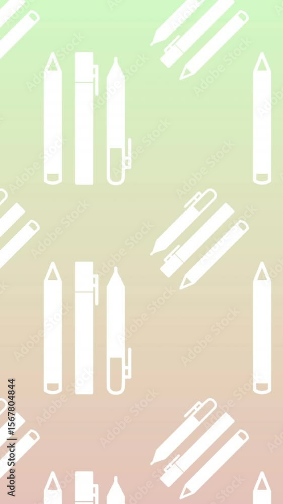 Aufkleber animation of set of pen icons in seamless pattern against pink and green gradient background