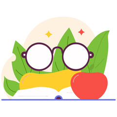 Colorful illustration of open book, glasses, leaves, and an apple.