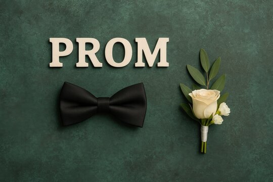 Elegant accessories featuring a prom boutonniere and bow tie on a textured green backdrop