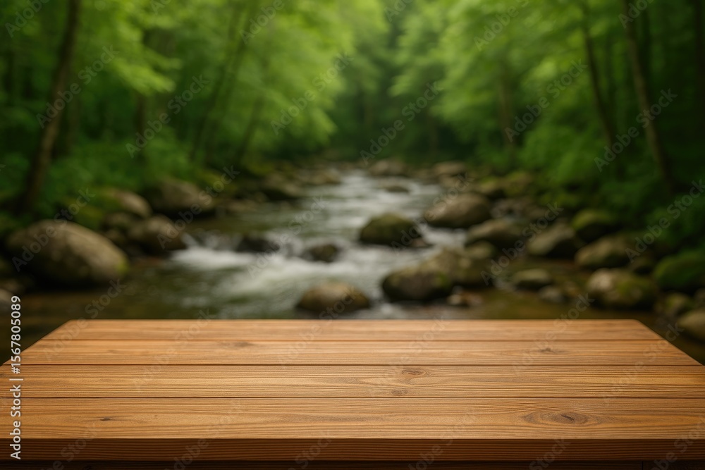Poster natural forest scene with a wooden tabletop overlay, featuring a softly blurred water stream backgro