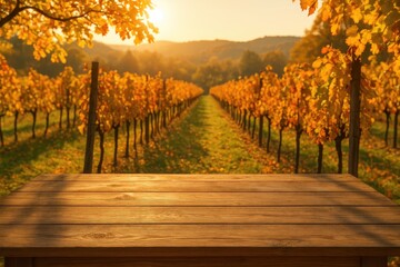 Autumn sunlight illuminating a wooden surface with a scenic vineyard backdrop, celebrating the harvest season and wine culture.