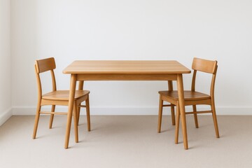 Rustic wooden furniture set on a neutral carpet inside a minimalist white space