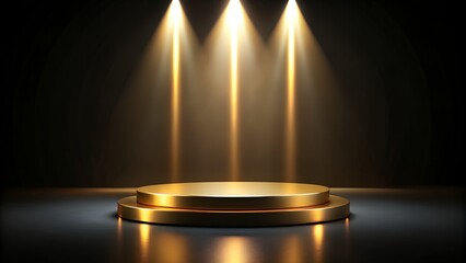 A golden podium is illuminated by spotlights on a dark stage