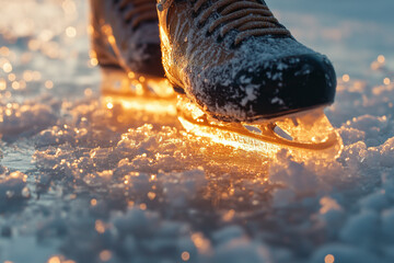 Close up view of ice skates cutting through the rink illuminated by evening light