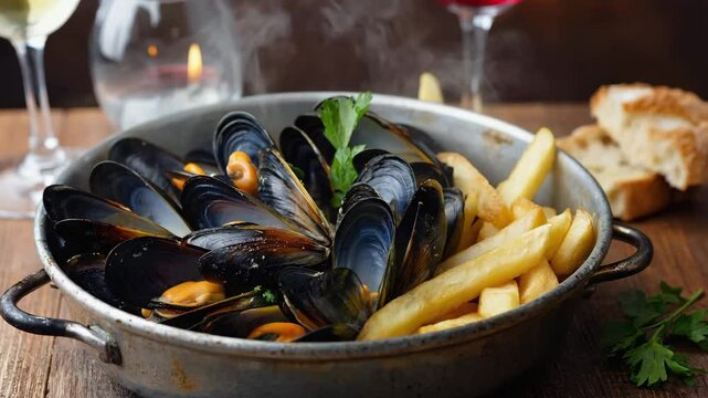 Classic Moules-frites, mussels with garlic and parsley, golden fries beside, setting with soft lighting and rustic ambiance
