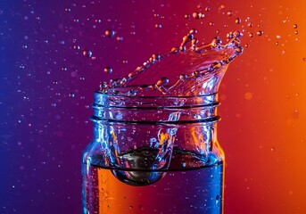 Water Splash in Jar: A captivating splash moment frozen in time, as water erupts from a jar, creating a dynamic display against a gradient backdrop.
