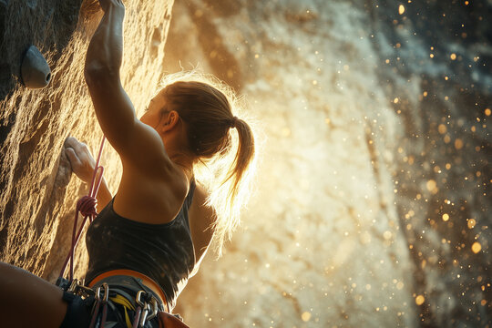 Female rock climber reaching for the next hold in golden light during a challenging ascent in a natural climbing area - Powered by Adobe