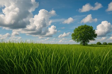 Fototapeta premium A lush green field beneath a cloudy sky