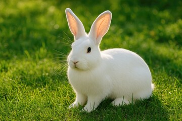 Fototapeta premium A stunning purebred rabbit basking in the sunlight outdoors, surrounded by lush grass