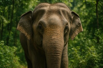 Fototapeta premium Detailed view of an elephant's face highlighting its textured skin and small ears amidst lush foliage