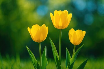 Obraz premium Beautiful yellow tulips with vibrant green and blue bokeh effects