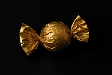 Fototapeta premium A piece of confectionery wrapped in shiny gold foil against a dark backdrop