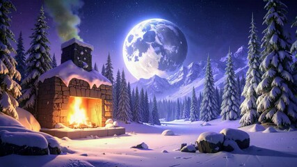 Stone fireplace burning brightly in snowy woods with large moon and mountains in background. - Powered by Adobe