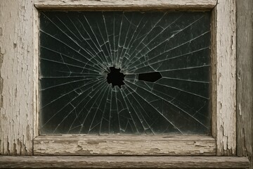 Damaged antique window with shattered glass and weathered wooden frame. Vintage house ambiance. Fragmented window panes and peeling paint. Close-up shot with space for caption. Spooky, Halloween theme