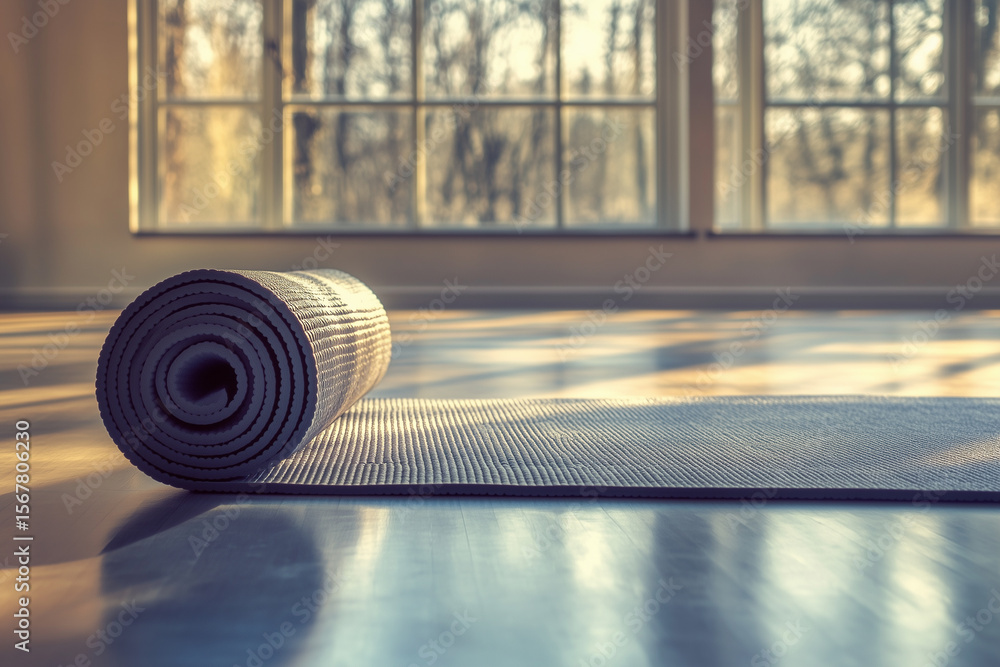 Aufkleber rolled yoga mat placed in an empty studio with gentle light streaming through large windows during t