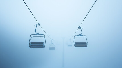Silent ski lift stretches into the misty horizon on a foggy winter day in the mountains