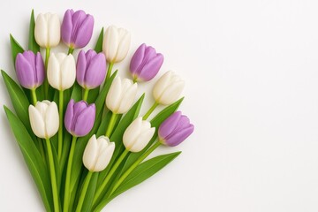 Naklejka premium Elegant arrangement of purple and white tulips with lush green foliage on a plain white backdrop, providing space for message.