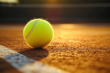 Tennis ball resting on the baseline of a sunlit court during golden hour