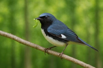Obraz premium A black-throated blue warbler holding a caterpillar larva in its beak