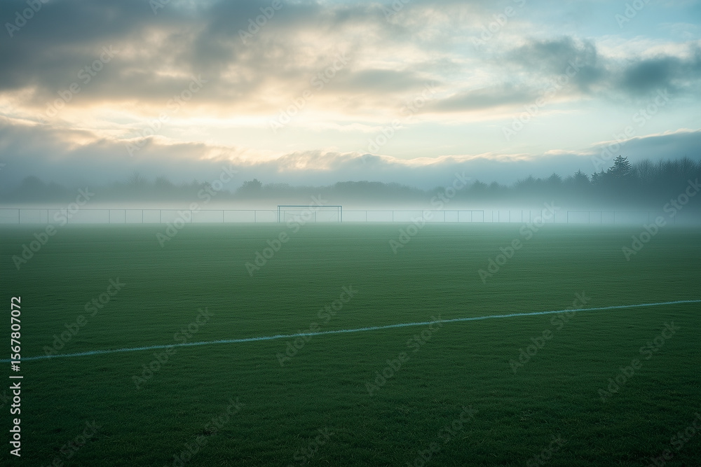 Poster empty soccer field at dawn with fog settling over the grass and goals in soft morning light