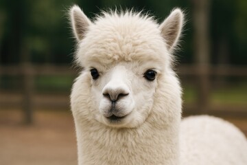 Detailed close-up of a soft white alpaca's face