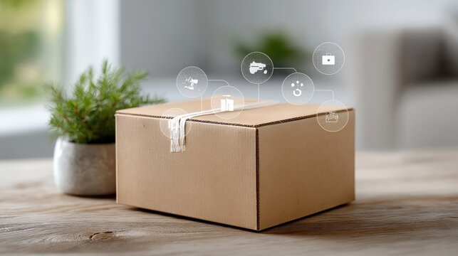 Shipping box surrounded by tracking icons and digital interface, modern parcel logistics technology concept