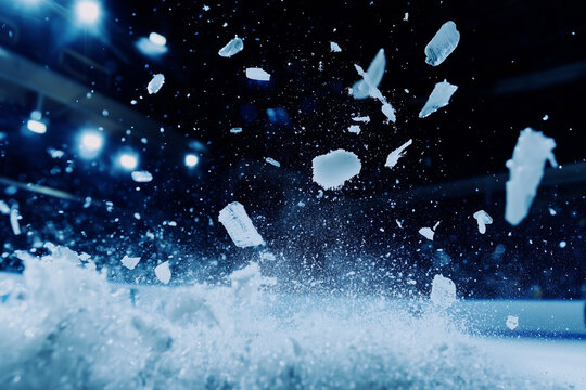 Intense hockey game moment with puck frozen mid air and ice splinters flying in a crowded arena during night match